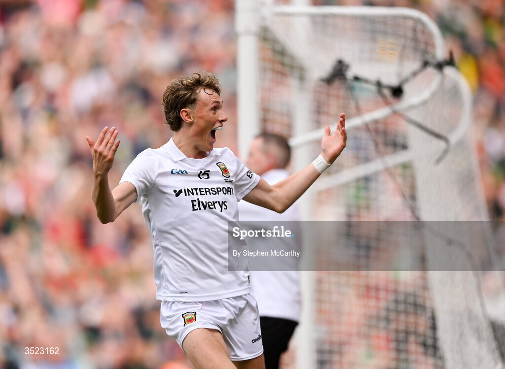 26 July 2026; Kobe McDonald of Mayo celebrates a late score during the GAA Football All-Ireland Senior Championship final match between Kerry and Mayo at Croke Park in Dublin. Photo by Stephen McCarthy/Sportsfile
