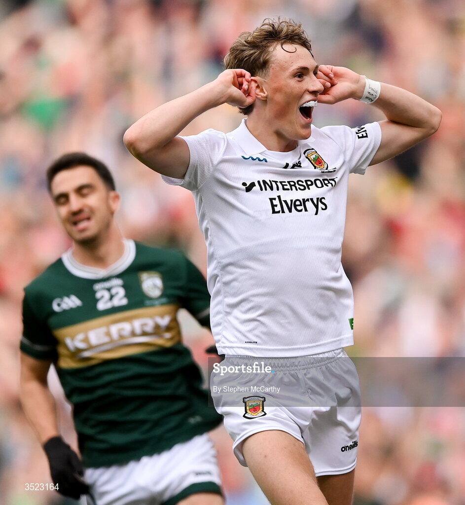 26 July 2026; Kobe McDonald of Mayo celebrates a late score during the GAA Football All-Ireland Senior Championship final match between Kerry and Mayo at Croke Park in Dublin. Photo by Stephen McCarthy/Sportsfile