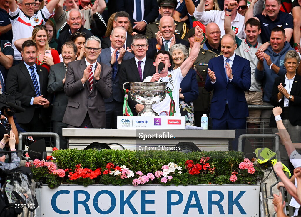 26 July 2026; Mayo captain Jack Coyne makes a speech after lifting the Sam Maguire Cup after victory in the GAA Football All-Ireland Senior Championship final match between Kerry and Mayo at Croke Park in Dublin. Photo by Piaras Ó Mídheach/Sportsfile
