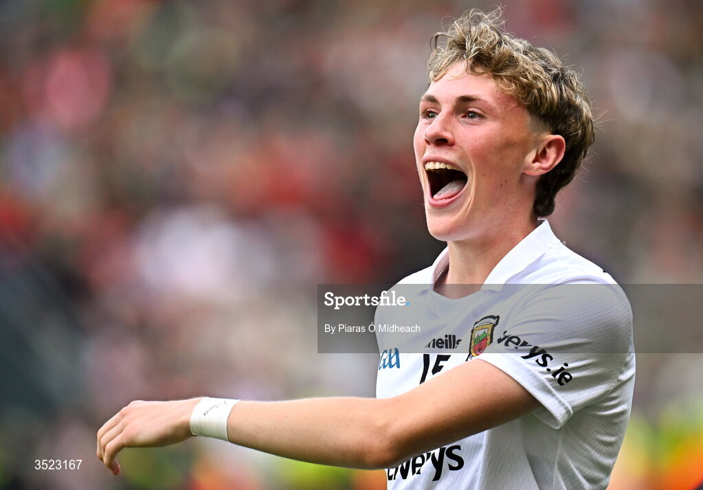 26 July 2026; Kobe McDonald of Mayo celebrates after the GAA Football All-Ireland Senior Championship final match between Kerry and Mayo at Croke Park in Dublin. Photo by Piaras Ó Mídheach/Sportsfile