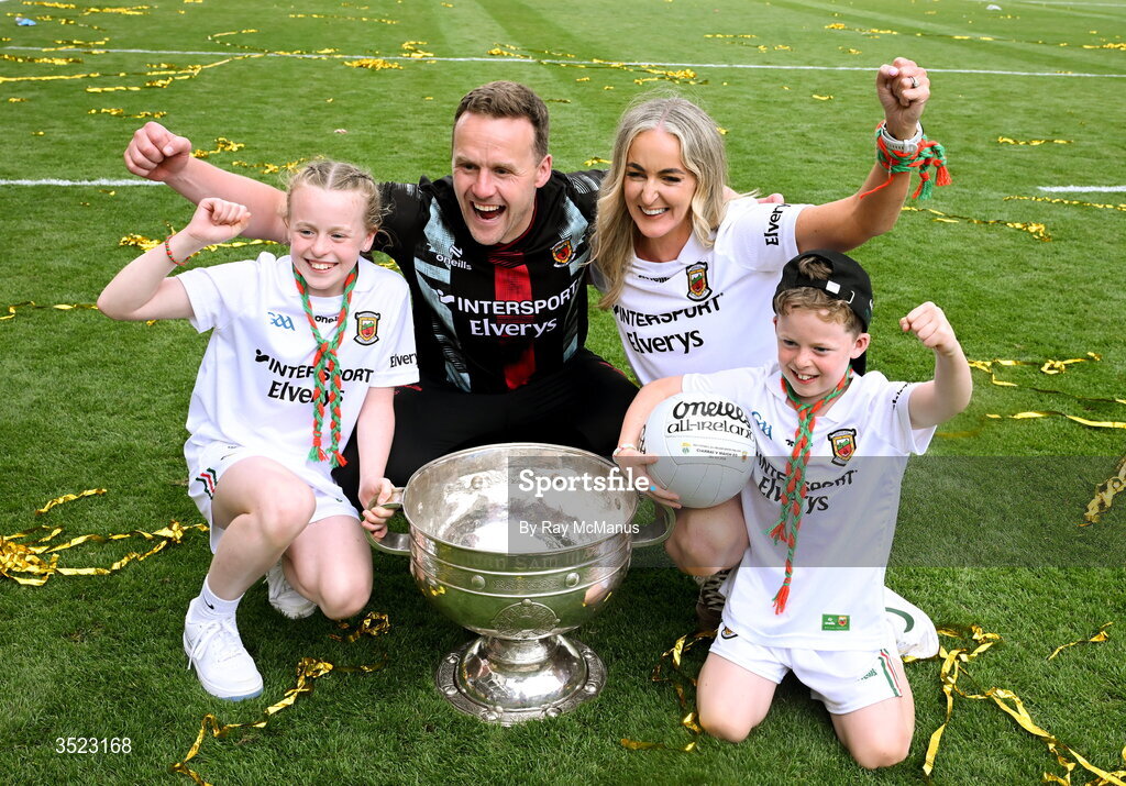 26 July 2026; Mayo manager Andy Moran with the Sam Maguire, his wife Jennifer, and children Charlotte and Ollie, after the GAA Football All-Ireland Senior Championship final match between Kerry and Mayo at Croke Park in Dublin. Photo by Ray McManus/Sportsfile