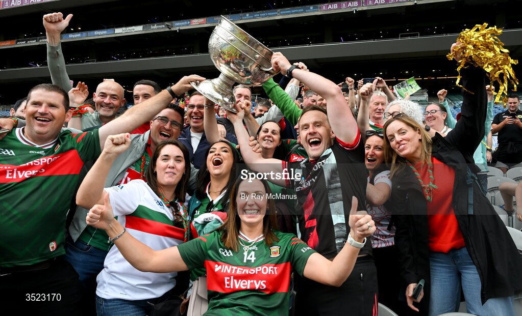 26 July 2026; Mayo manager Andy Moran with the Sam Maguire and supporters after the GAA Football All-Ireland Senior Championship final match between Kerry and Mayo at Croke Park in Dublin. Photo by Ray McManus/Sportsfile