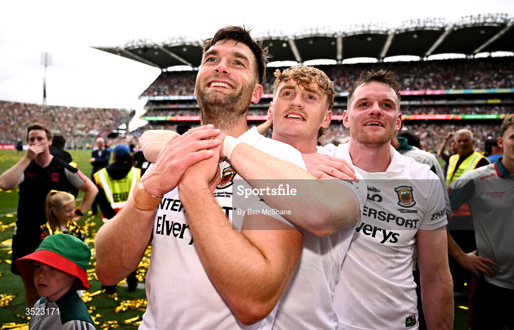 26 July 2026; Aidan O'Shea, left, and Jack Carney of Mayo after the GAA Football All-Ireland Senior Championship final match between Kerry and Mayo at Croke Park in Dublin. Photo by Ben McShane/Sportsfile