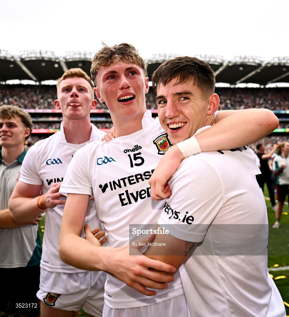26 July 2026; Kobe McDonald, left, and Enda Hession of Mayo after the GAA Football All-Ireland Senior Championship final match between Kerry and Mayo at Croke Park in Dublin. Photo by Ben McShane/Sportsfile