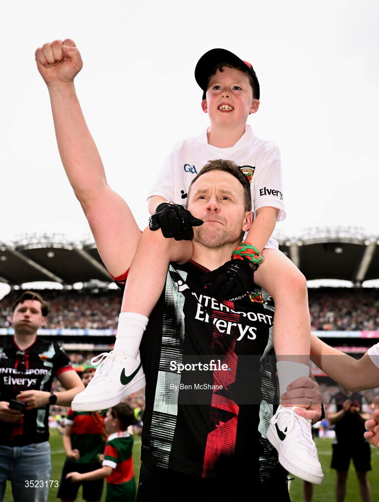 26 July 2026; Mayo manager Andy Moran with his son Ollie after the GAA Football All-Ireland Senior Championship final match between Kerry and Mayo at Croke Park in Dublin. Photo by Ben McShane/Sportsfile