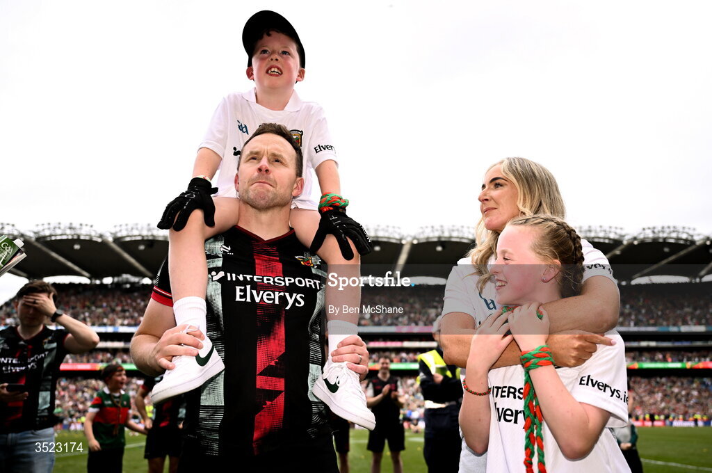 26 July 2026; Mayo manager Andy Moran with his wife Jennifer and their children Ollie and Charlotte after the GAA Football All-Ireland Senior Championship final match between Kerry and Mayo at Croke Park in Dublin. Photo by Ben McShane/Sportsfile