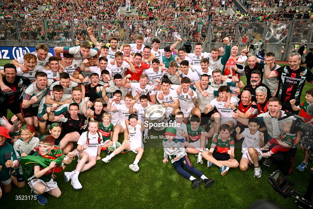 26 July 2026; Mayo players and supporters celebrate after the GAA Football All-Ireland Senior Championship final match between Kerry and Mayo at Croke Park in Dublin. Photo by Ben McShane/Sportsfile