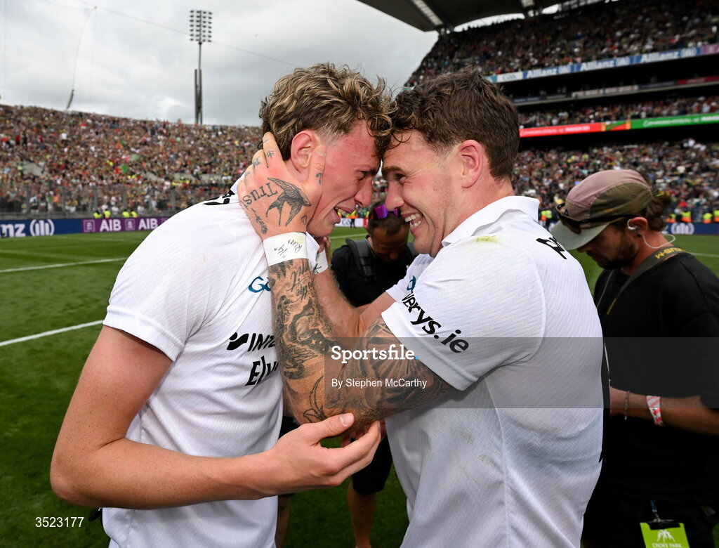 26 July 2026; Kobe McDonald and Jordan Flynn of Mayo celebrate after the GAA Football All-Ireland Senior Championship final match between Kerry and Mayo at Croke Park in Dublin. Photo by Stephen McCarthy/Sportsfile