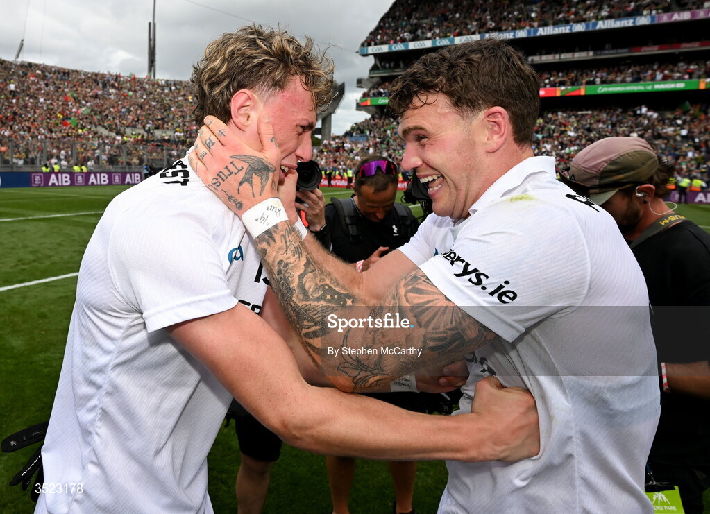 26 July 2026; Kobe McDonald and Jordan Flynn of Mayo celebrate after the GAA Football All-Ireland Senior Championship final match between Kerry and Mayo at Croke Park in Dublin. Photo by Stephen McCarthy/Sportsfile