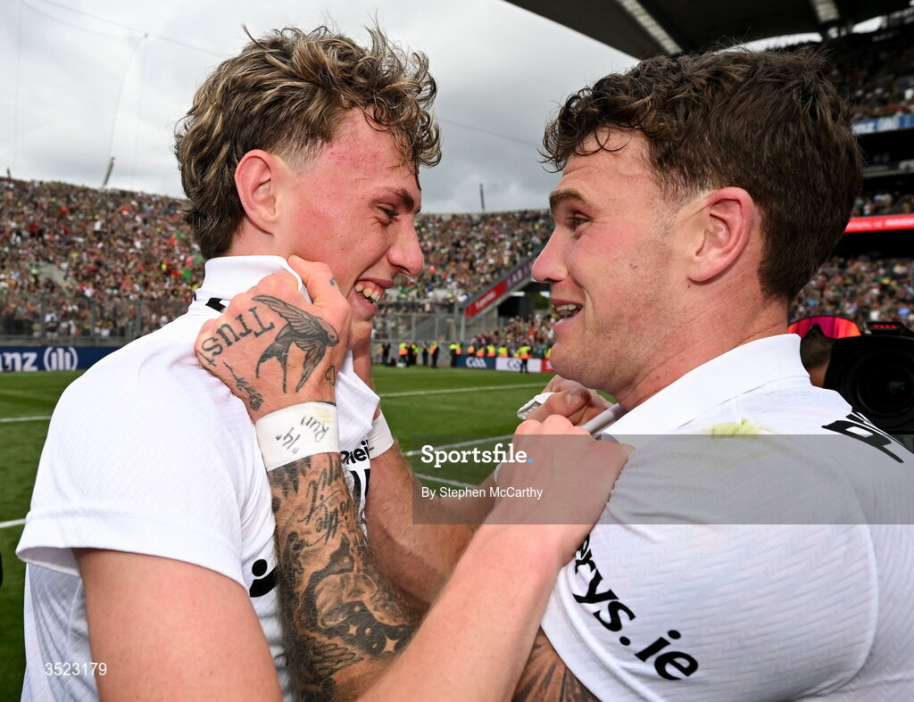 26 July 2026; Kobe McDonald and Jordan Flynn of Mayo celebrate after the GAA Football All-Ireland Senior Championship final match between Kerry and Mayo at Croke Park in Dublin. Photo by Stephen McCarthy/Sportsfile