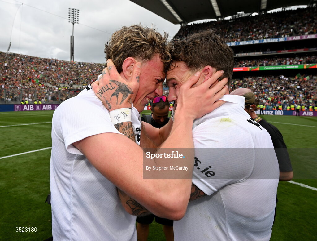 26 July 2026; Kobe McDonald and Jordan Flynn of Mayo celebrate after the GAA Football All-Ireland Senior Championship final match between Kerry and Mayo at Croke Park in Dublin. Photo by Stephen McCarthy/Sportsfile