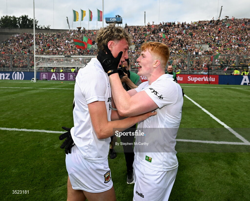 26 July 2026; Kobe McDonald and Darragh Beirne of Mayo celebrate after the GAA Football All-Ireland Senior Championship final match between Kerry and Mayo at Croke Park in Dublin. Photo by Stephen McCarthy/Sportsfile