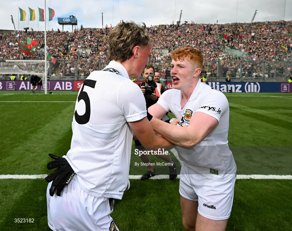 26 July 2026; Kobe McDonald and Darragh Beirne of Mayo celebrate after the GAA Football All-Ireland Senior Championship final match between Kerry and Mayo at Croke Park in Dublin. Photo by Stephen McCarthy/Sportsfile