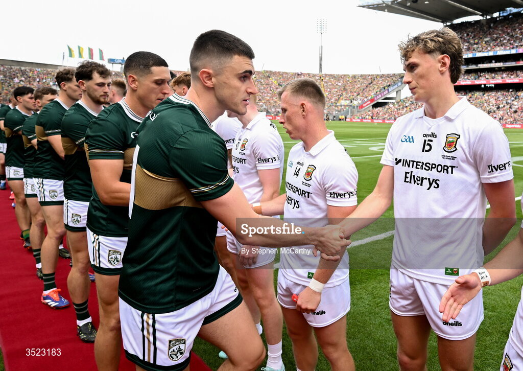26 July 2026; Kobe McDonald of Mayo and Seán O'Shea of Kerry before the GAA Football All-Ireland Senior Championship final match between Kerry and Mayo at Croke Park in Dublin. Photo by Stephen McCarthy/Sportsfile