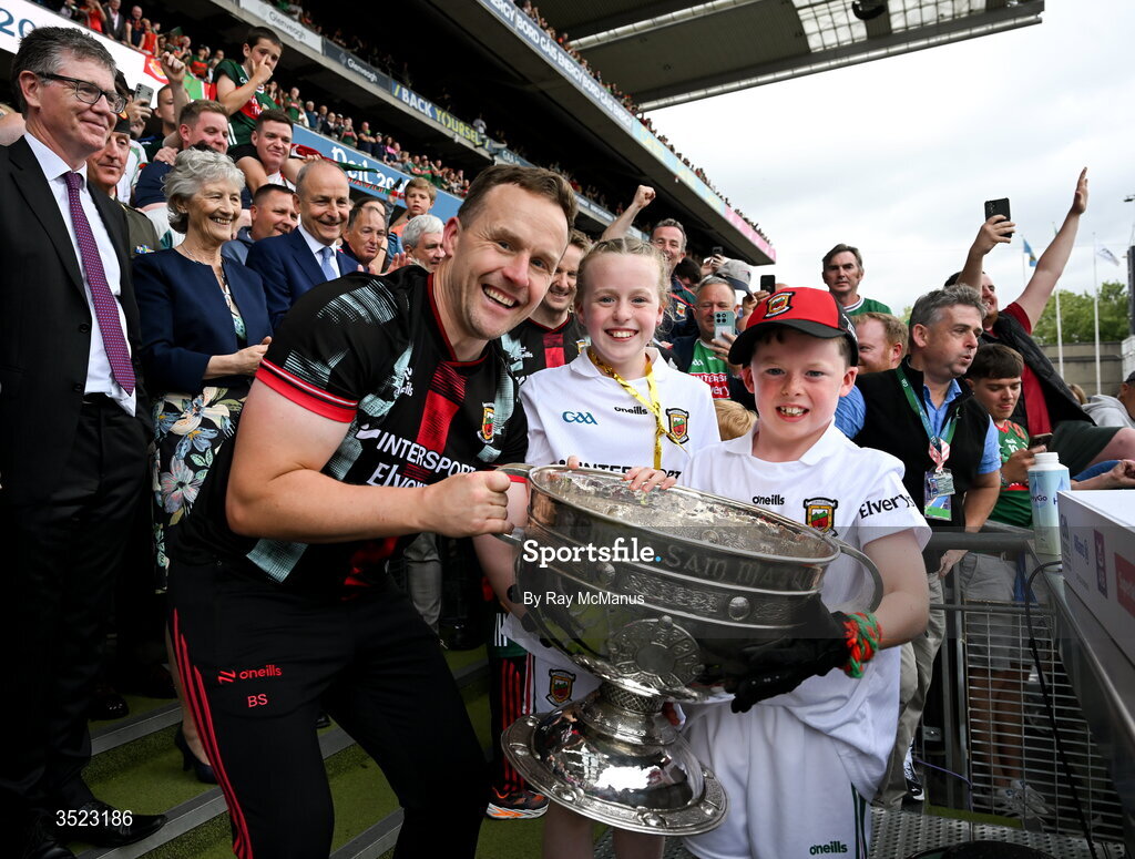 26 July 2026; Mayo manager Andy Moran with the Sam Maguire, and his children Charlotte and Ollie, after the GAA Football All-Ireland Senior Championship final match between Kerry and Mayo at Croke Park in Dublin. Photo by Ray McManus/Sportsfile