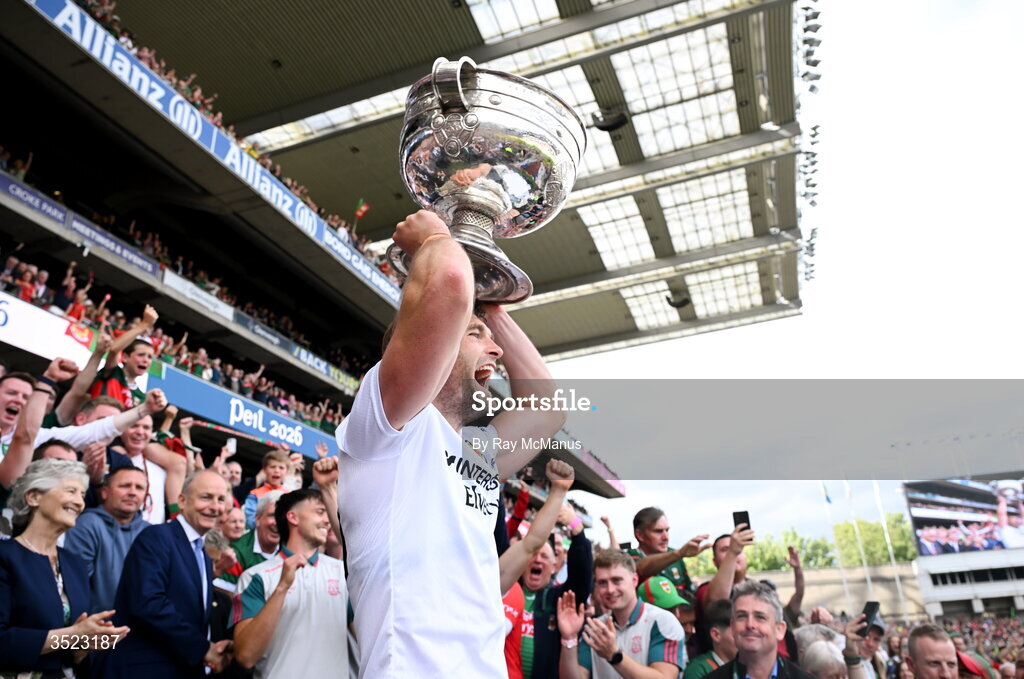 26 July 2026; Aidan O'Shea of Mayo lifts the Sam Maguire Cup after the GAA Football All-Ireland Senior Championship final match between Kerry and Mayo at Croke Park in Dublin. Photo by Ray McManus/Sportsfile