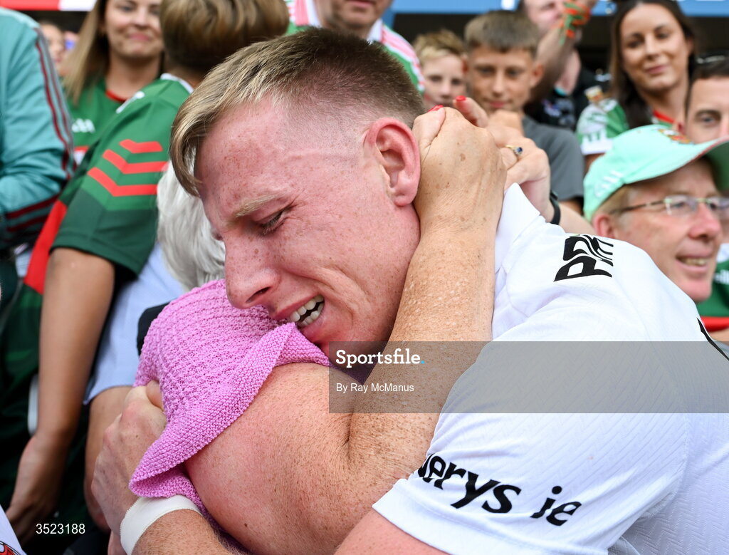 26 July 2026; Ryan O'Donoghue of Mayo is congratulated by his mother Brenda after the GAA Football All-Ireland Senior Championship final match between Kerry and Mayo at Croke Park in Dublin. Photo by Ray McManus/Sportsfile