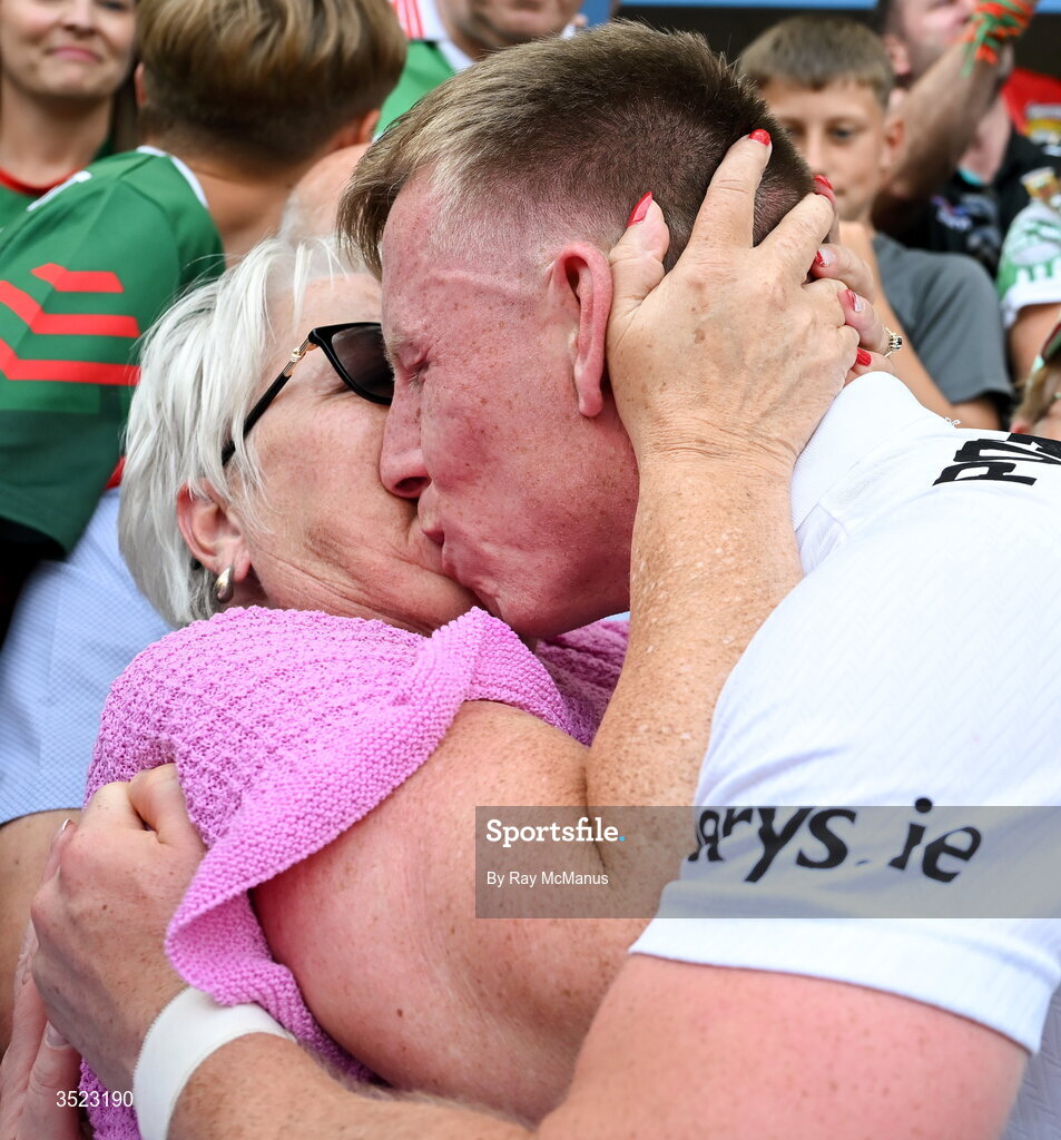 26 July 2026; Ryan O'Donoghue of Mayo is congratulated by his mother Brenda after the GAA Football All-Ireland Senior Championship final match between Kerry and Mayo at Croke Park in Dublin. Photo by Ray McManus/Sportsfile