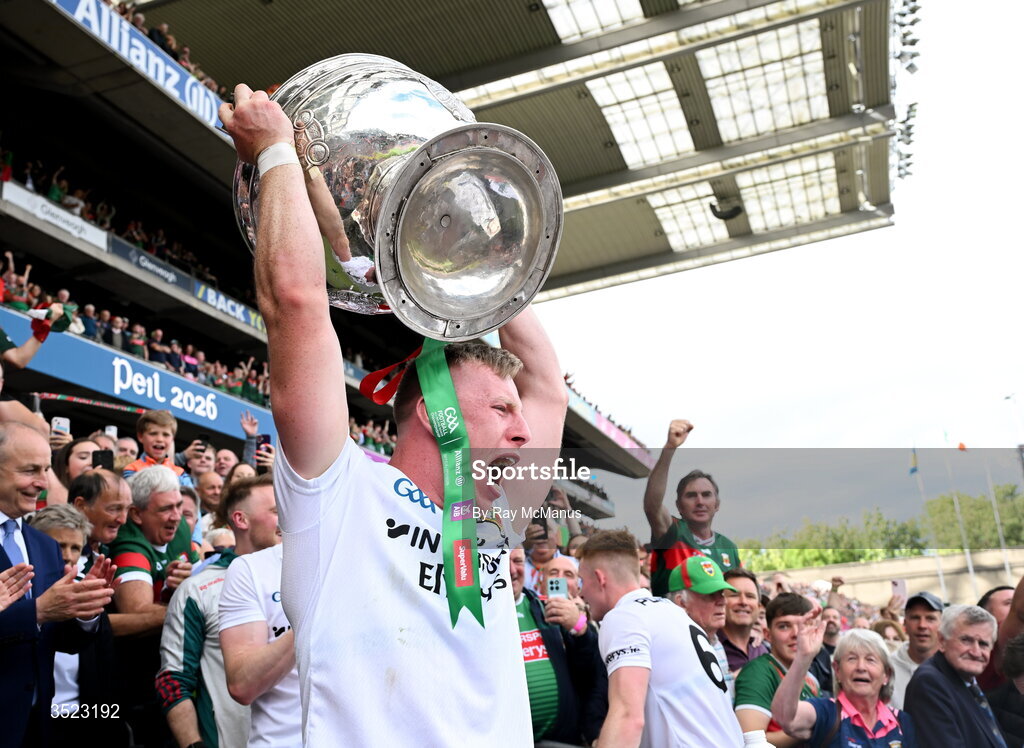 26 July 2026; Ryan O'Donoghue of Mayo lifts the Sam Maguire after the GAA Football All-Ireland Senior Championship final match between Kerry and Mayo at Croke Park in Dublin. Photo by Ray McManus/Sportsfile