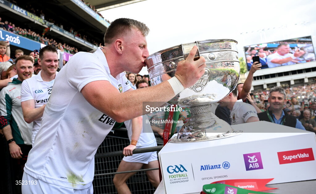 26 July 2026; Ryan O'Donoghue of Mayo kisses the Sam Maguire after the GAA Football All-Ireland Senior Championship final match between Kerry and Mayo at Croke Park in Dublin. Photo by Ray McManus/Sportsfile