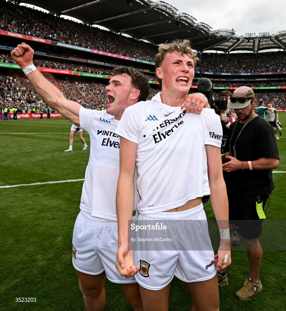 26 July 2026; Jordan Flynn and Kobe McDonald of Mayo celebrates after the GAA Football All-Ireland Senior Championship final match between Kerry and Mayo at Croke Park in Dublin. Photo by Stephen McCarthy/Sportsfile