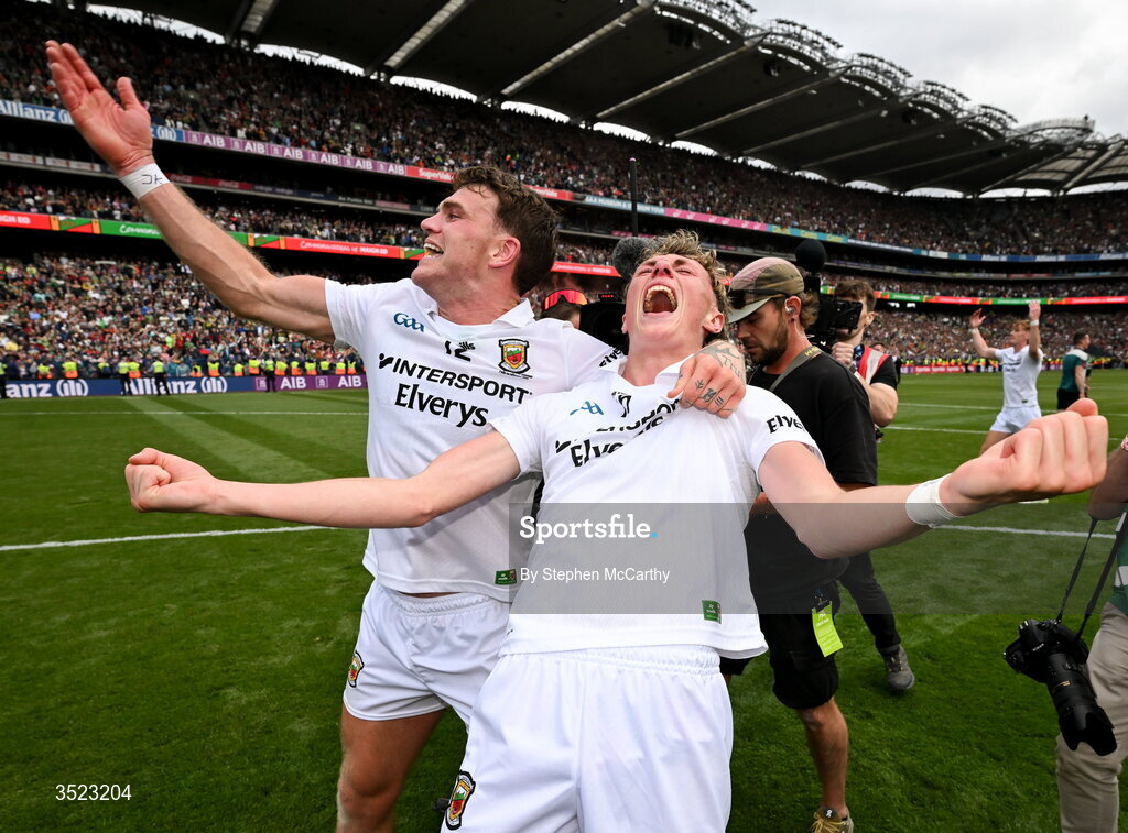 26 July 2026; Kobe McDonald and Jordan Flynn of Mayo celebrate after the GAA Football All-Ireland Senior Championship final match between Kerry and Mayo at Croke Park in Dublin. Photo by Stephen McCarthy/Sportsfile