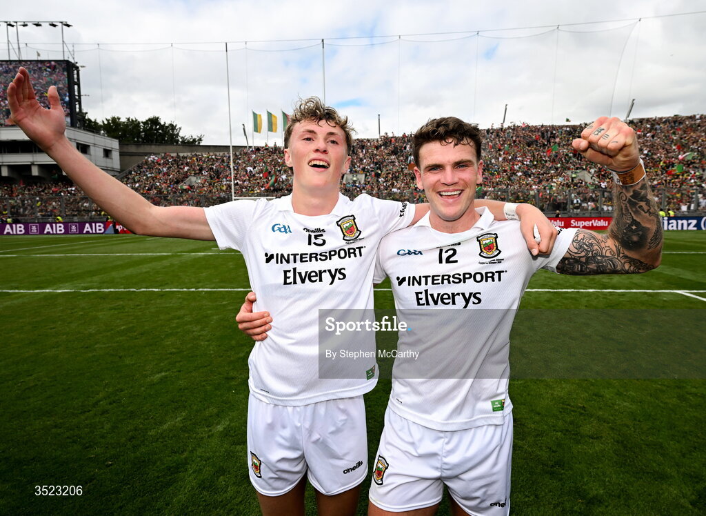 26 July 2026; Kobe McDonald and Jordan Flynn of Mayo celebrate after the GAA Football All-Ireland Senior Championship final match between Kerry and Mayo at Croke Park in Dublin. Photo by Stephen McCarthy/Sportsfile