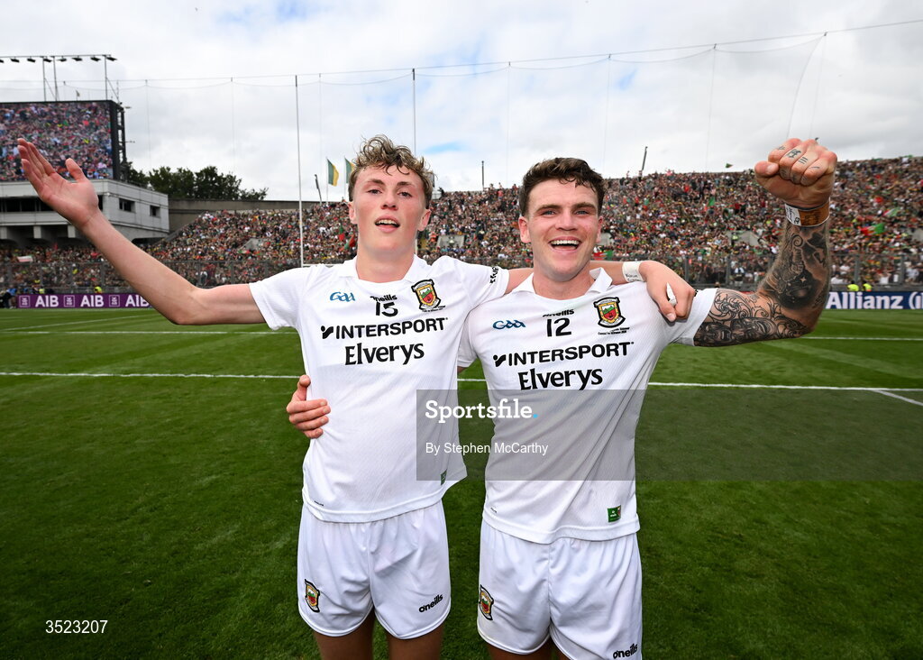 26 July 2026; Kobe McDonald and Jordan Flynn of Mayo celebrate after the GAA Football All-Ireland Senior Championship final match between Kerry and Mayo at Croke Park in Dublin. Photo by Stephen McCarthy/Sportsfile