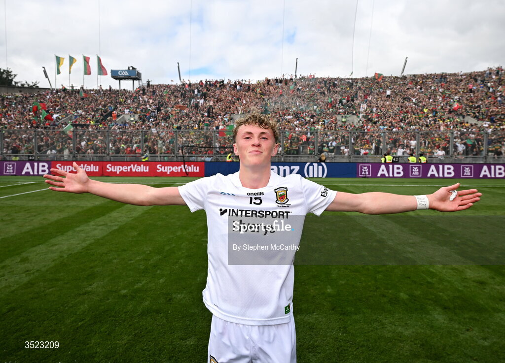 26 July 2026; Kobe McDonald of Mayo celebrates after the GAA Football All-Ireland Senior Championship final match between Kerry and Mayo at Croke Park in Dublin. Photo by Stephen McCarthy/Sportsfile