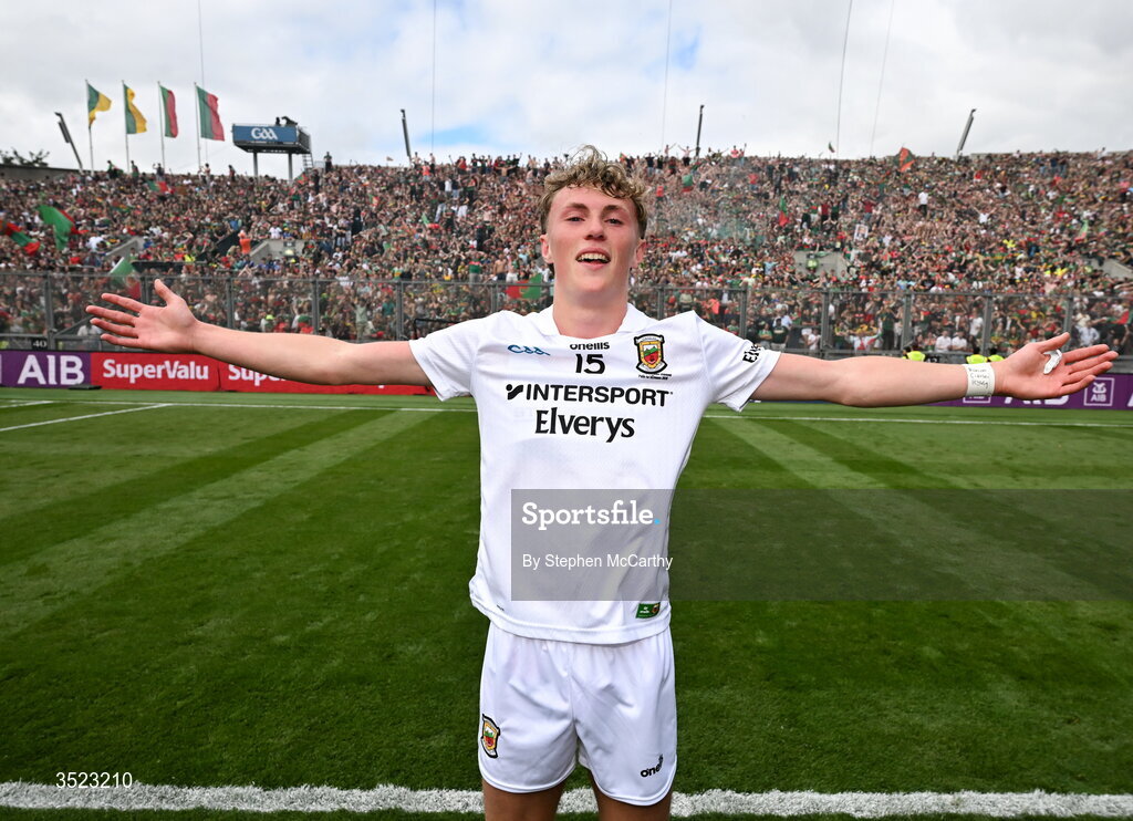 26 July 2026; Kobe McDonald of Mayo celebrates after the GAA Football All-Ireland Senior Championship final match between Kerry and Mayo at Croke Park in Dublin. Photo by Stephen McCarthy/Sportsfile