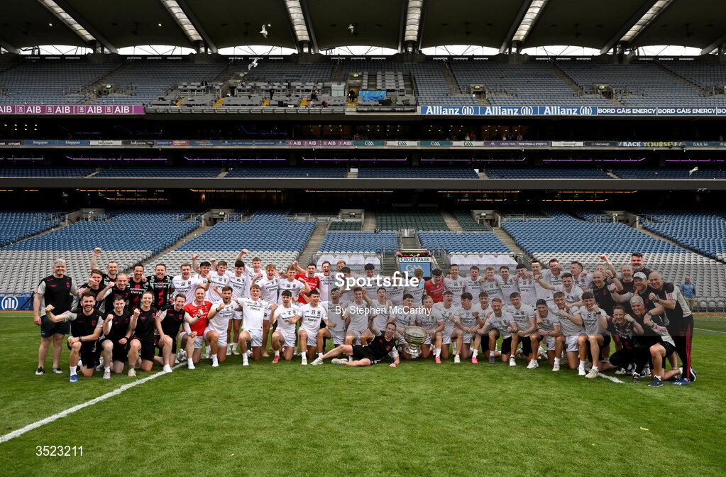 26 July 2026; Mayo players and staff celebrate with the Sam Maguire Cup after the GAA Football All-Ireland Senior Championship final match between Kerry and Mayo at Croke Park in Dublin. Photo by Stephen McCarthy/Sportsfile