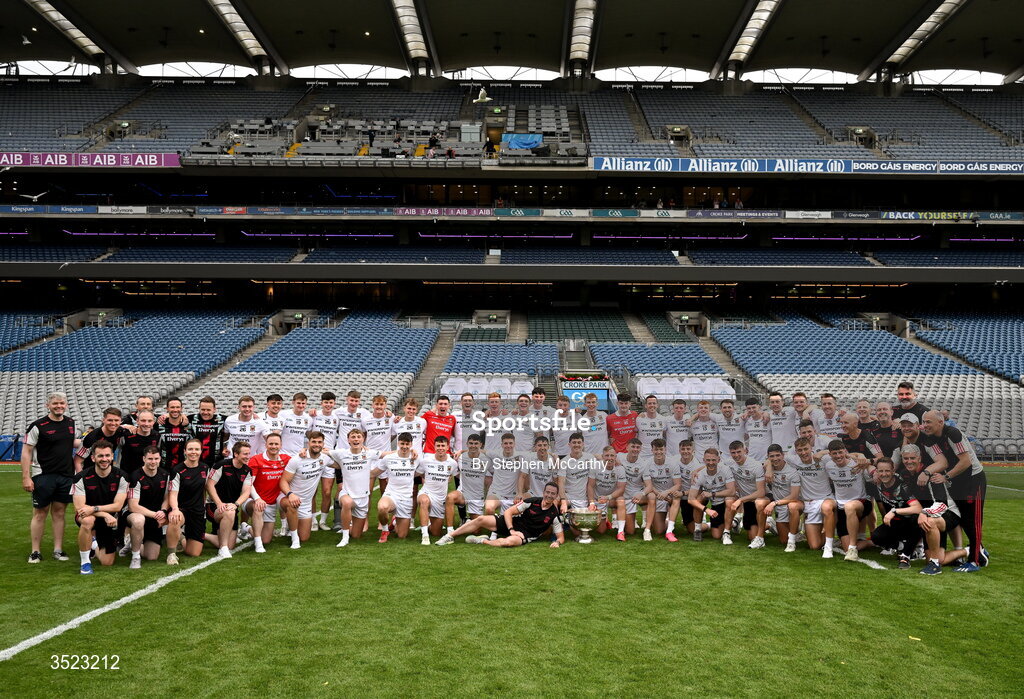 26 July 2026; Mayo players and staff celebrate with the Sam Maguire Cup after the GAA Football All-Ireland Senior Championship final match between Kerry and Mayo at Croke Park in Dublin. Photo by Stephen McCarthy/Sportsfile