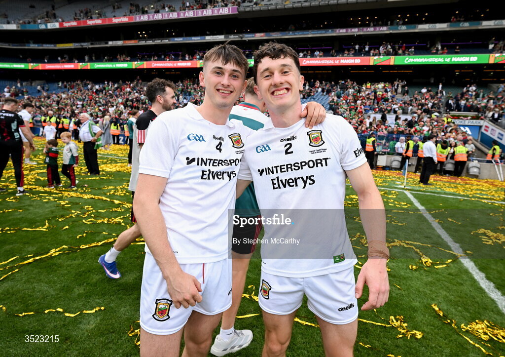 26 July 2026; Eoin McGreal, left, and Jack Coyne of Mayo celebrate after the GAA Football All-Ireland Senior Championship final match between Kerry and Mayo at Croke Park in Dublin. Photo by Stephen McCarthy/Sportsfile