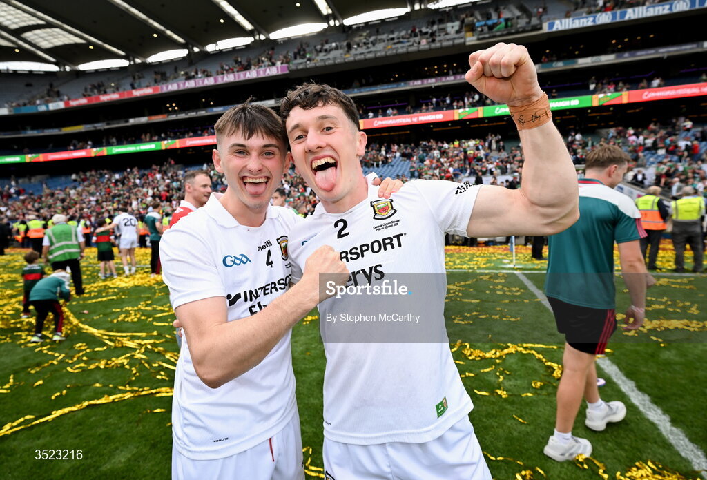 26 July 2026; Eoin McGreal, left, and Jack Coyne of Mayo celebrate after the GAA Football All-Ireland Senior Championship final match between Kerry and Mayo at Croke Park in Dublin. Photo by Stephen McCarthy/Sportsfile