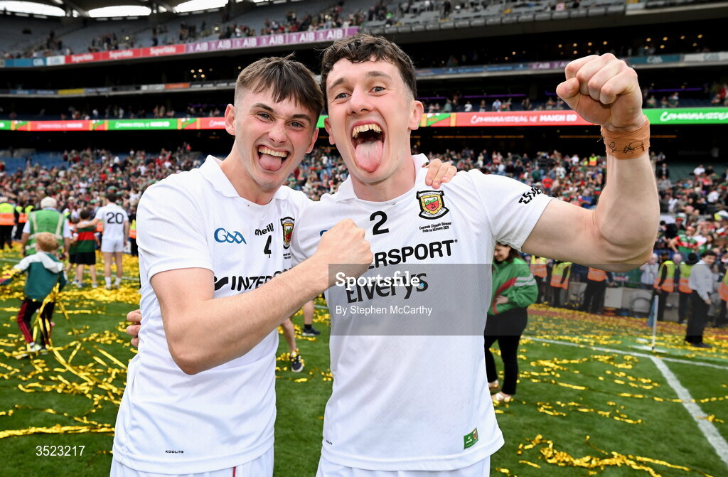 26 July 2026; Mayo players Eoin McGreal, left, and Jack Coyne after the GAA Football All-Ireland Senior Championship final match between Kerry and Mayo at Croke Park in Dublin. Photo by Stephen McCarthy/Sportsfile