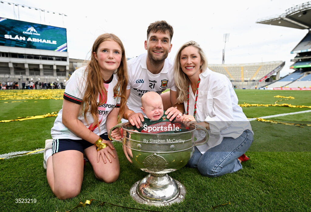 26 July 2026; Aidan O'Shea of Mayo with his wife Kristin, right, and his daughters Caragh, left, and Romee after the GAA Football All-Ireland Senior Championship final match between Kerry and Mayo at Croke Park in Dublin. Photo by Stephen McCarthy/Sportsfile