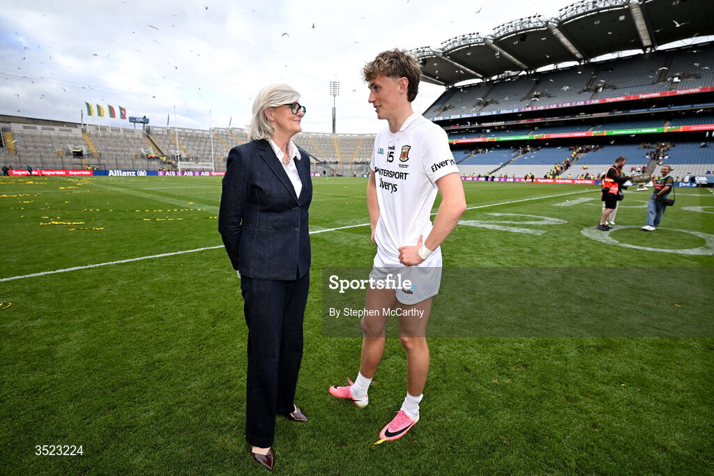 26 July 2026; Kobe McDonald of Mayo with Sam Mostyn, Governor-General of Australia, during the GAA Football All-Ireland Senior Championship final match between Kerry and Mayo at Croke Park in Dublin. Photo by Stephen McCarthy/Sportsfile