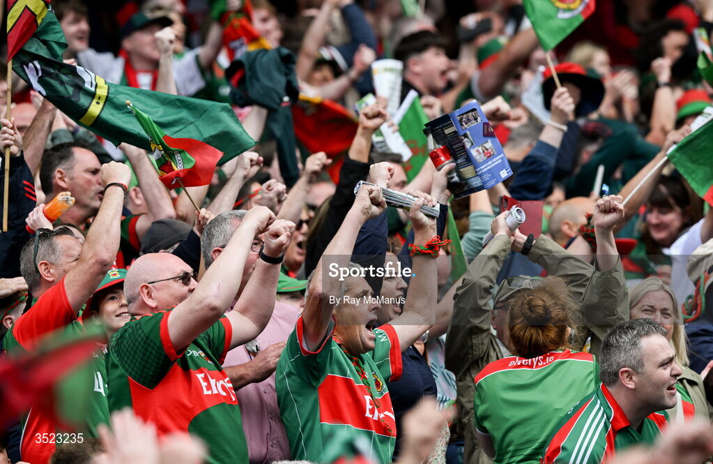 26 July 2026; Mayo supporters, in the Cusack Stand, celebrate a score during the GAA Football All-Ireland Senior Championship final match between Kerry and Mayo at Croke Park in Dublin. Photo by Ray McManus/Sportsfile