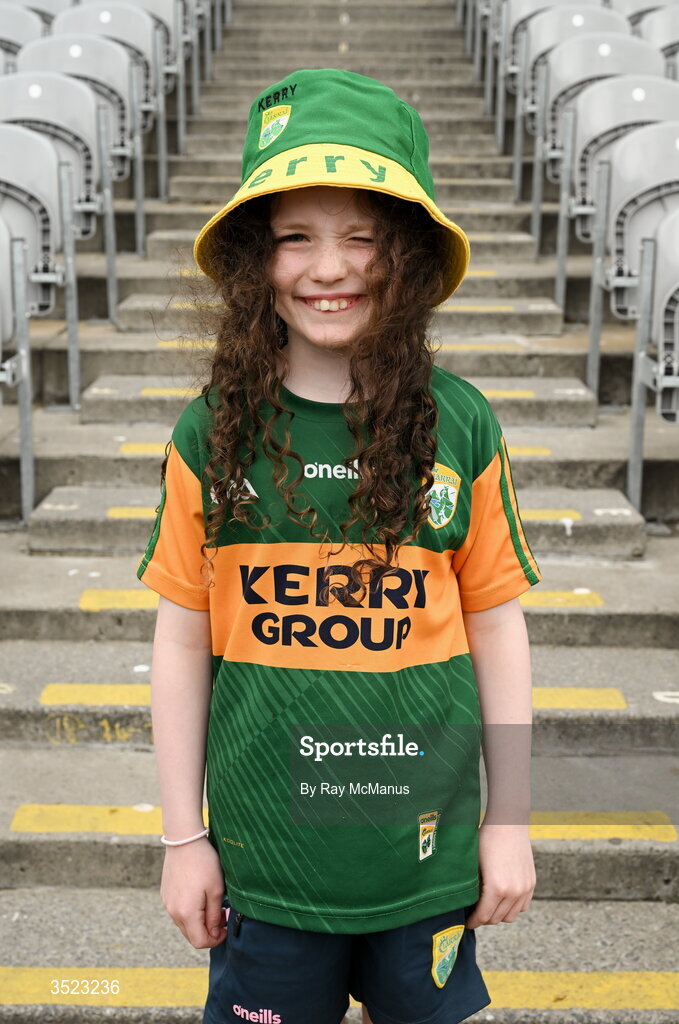 26 July 2026; Kerry supporter Éibhleann Horan, eight years, from Rathmore, one of the first to arrive in the Cusack Stand for the GAA Football All-Ireland Senior Championship final match between Kerry and Mayo at Croke Park in Dublin. Photo by Ray McManus/Sportsfile