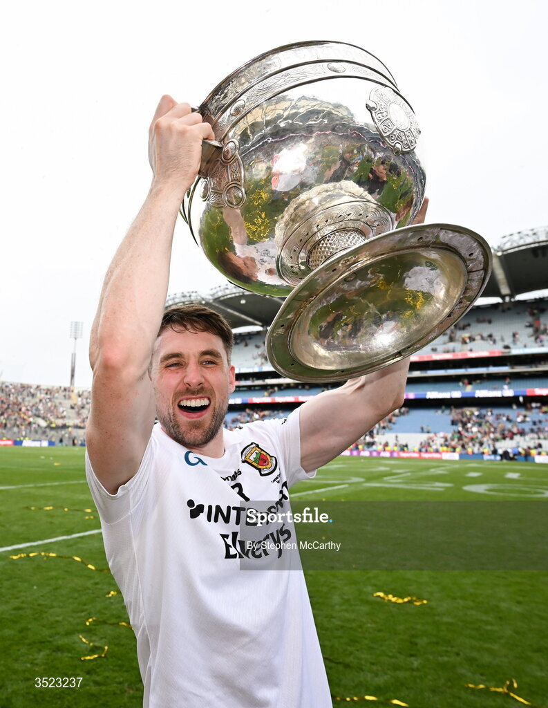 26 July 2026; Paddy Durcan of Mayo celebrates with the Sam Maguire Cup following the GAA Football All-Ireland Senior Championship final match between Kerry and Mayo at Croke Park in Dublin. Photo by Stephen McCarthy/Sportsfile