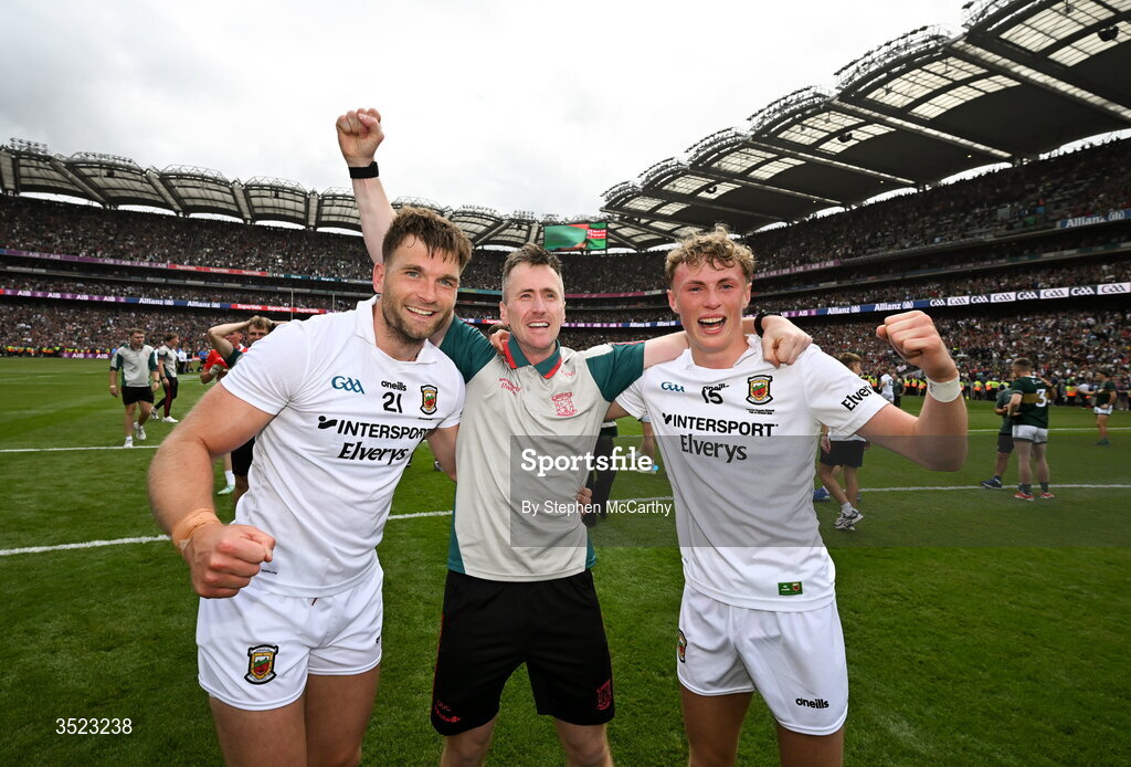 26 July 2026; Mayo players, from left, Aidan O'Shea, Cillian O'Connor and Kobe McDonald celebrate after the GAA Football All-Ireland Senior Championship final match between Kerry and Mayo at Croke Park in Dublin. Photo by Stephen McCarthy/Sportsfile