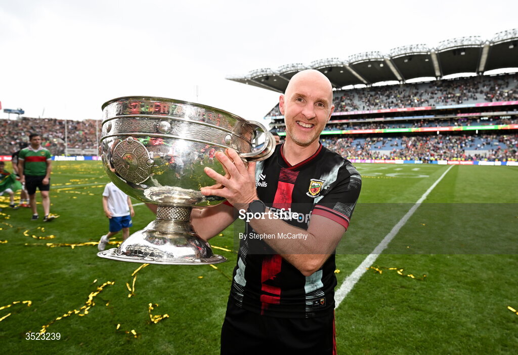 26 July 2026; Mayo coach Paddy Tally celebrates with the Sam Maguire Cup following the GAA Football All-Ireland Senior Championship final match between Kerry and Mayo at Croke Park in Dublin. Photo by Stephen McCarthy/Sportsfile