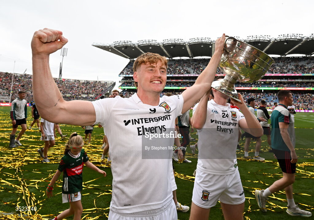 26 July 2026; Jack Carney of Mayo celebrates with the Sam Maguire Cup following the GAA Football All-Ireland Senior Championship final match between Kerry and Mayo at Croke Park in Dublin. Photo by Stephen McCarthy/Sportsfile