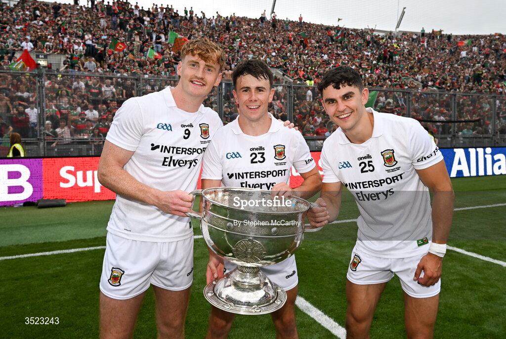 26 July 2026; Mayo players, from left, Jack Carney, Paul Towey and Tommy Conroy celebrate with the Sam Maguire Cup following the GAA Football All-Ireland Senior Championship final match between Kerry and Mayo at Croke Park in Dublin. Photo by Stephen McCarthy/Sportsfile