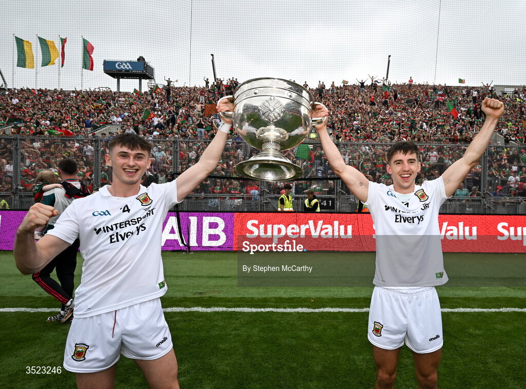 26 July 2026; Eoin McGreal, left, and Enda Hession of Mayo celebrate with the Sam Maguire Cup following the GAA Football All-Ireland Senior Championship final match between Kerry and Mayo at Croke Park in Dublin. Photo by Stephen McCarthy/Sportsfile