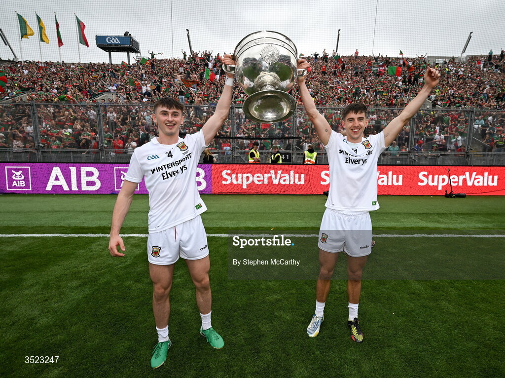 26 July 2026; Eoin McGreal, left, and Enda Hession of Mayo celebrate with the Sam Maguire Cup following the GAA Football All-Ireland Senior Championship final match between Kerry and Mayo at Croke Park in Dublin. Photo by Stephen McCarthy/Sportsfile
