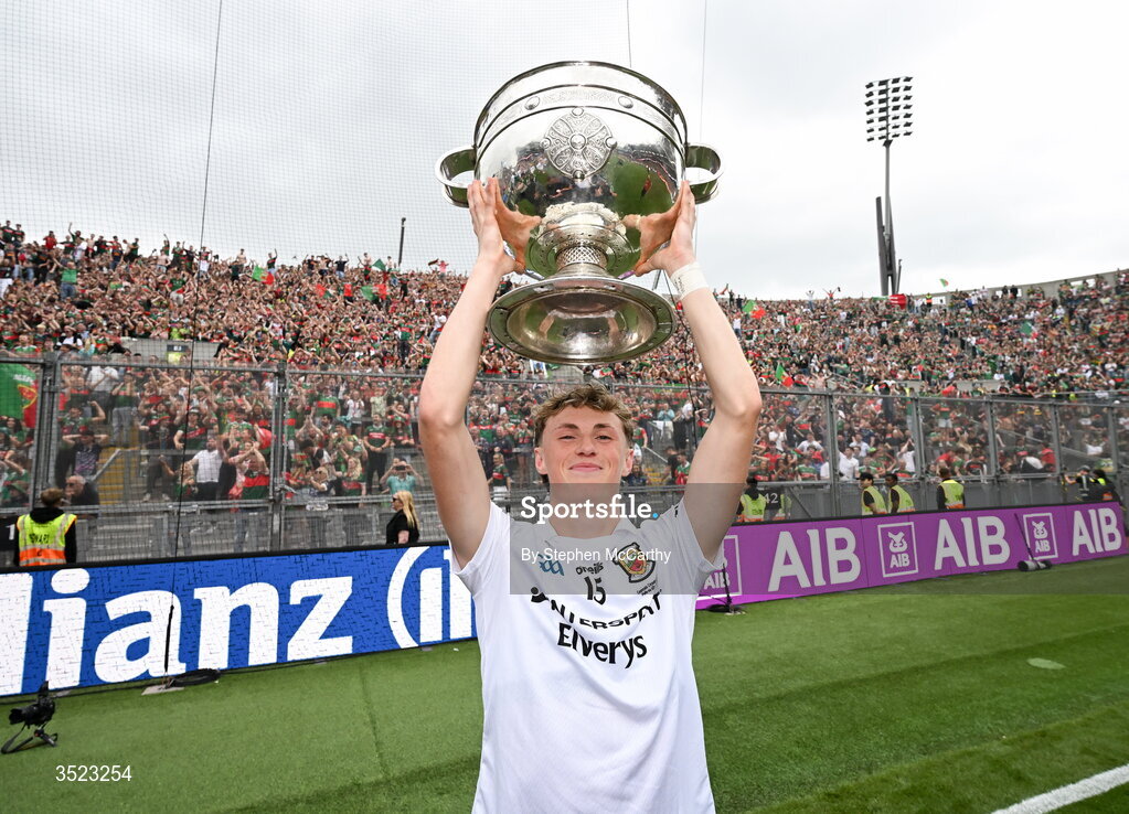 26 July 2026; Kobe McDonald of Mayo celebrates with the Sam Maguire cup after the GAA Football All-Ireland Senior Championship final match between Kerry and Mayo at Croke Park in Dublin. Photo by Stephen McCarthy/Sportsfile
