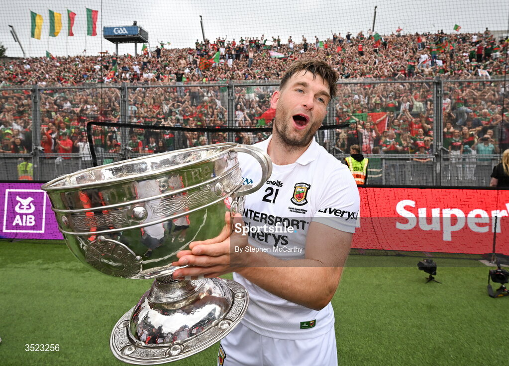 26 July 2026; Aidan O'Shea of Mayo celebrates with the Sam Maguire cup after the GAA Football All-Ireland Senior Championship final match between Kerry and Mayo at Croke Park in Dublin. Photo by Stephen McCarthy/Sportsfile