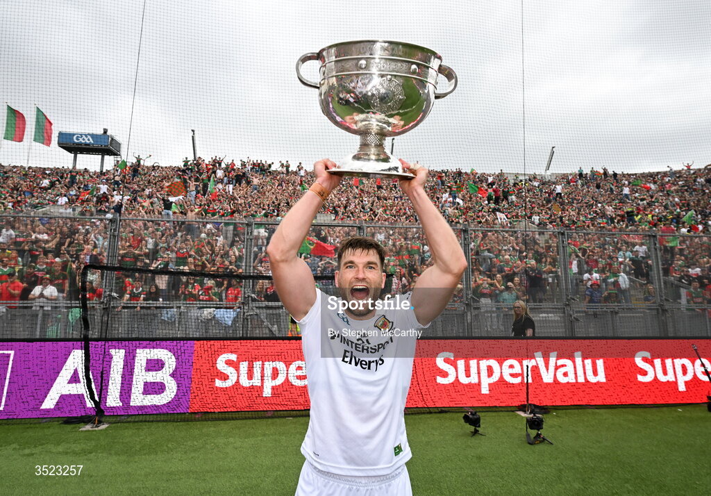 26 July 2026; Aidan O'Shea of Mayo celebrates with the Sam Maguire cup after the GAA Football All-Ireland Senior Championship final match between Kerry and Mayo at Croke Park in Dublin. Photo by Stephen McCarthy/Sportsfile