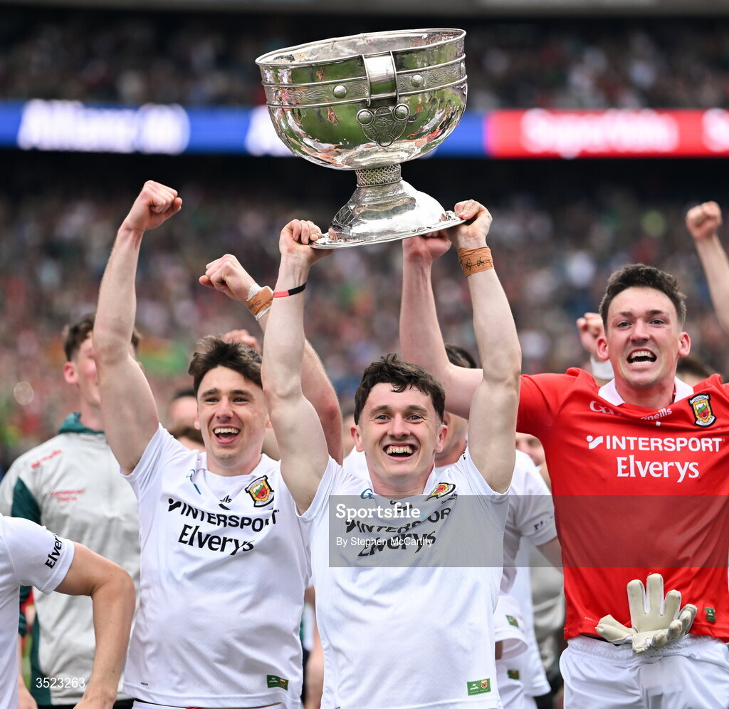 26 July 2026; Mayo captain Jack Coyne and team-mates celebrate with the Sam Maguire Cup following the GAA Football All-Ireland Senior Championship final match between Kerry and Mayo at Croke Park in Dublin. Photo by Stephen McCarthy/Sportsfile